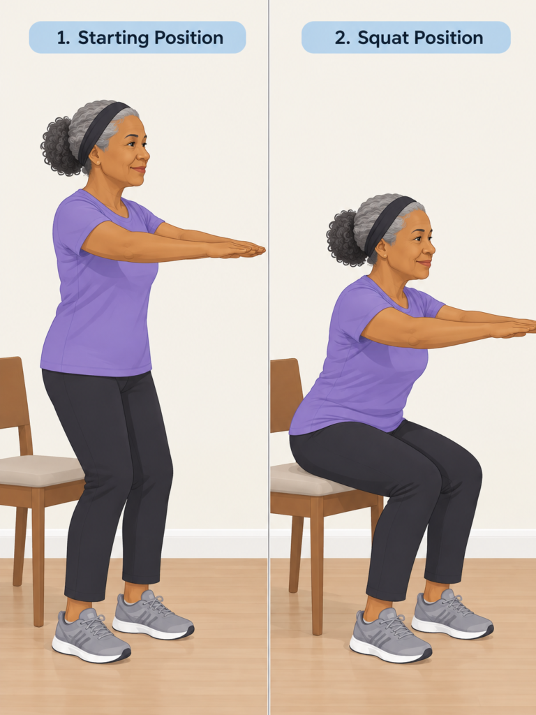 The Many Benefits of Strength Training as You Age Chair Squat demonstration